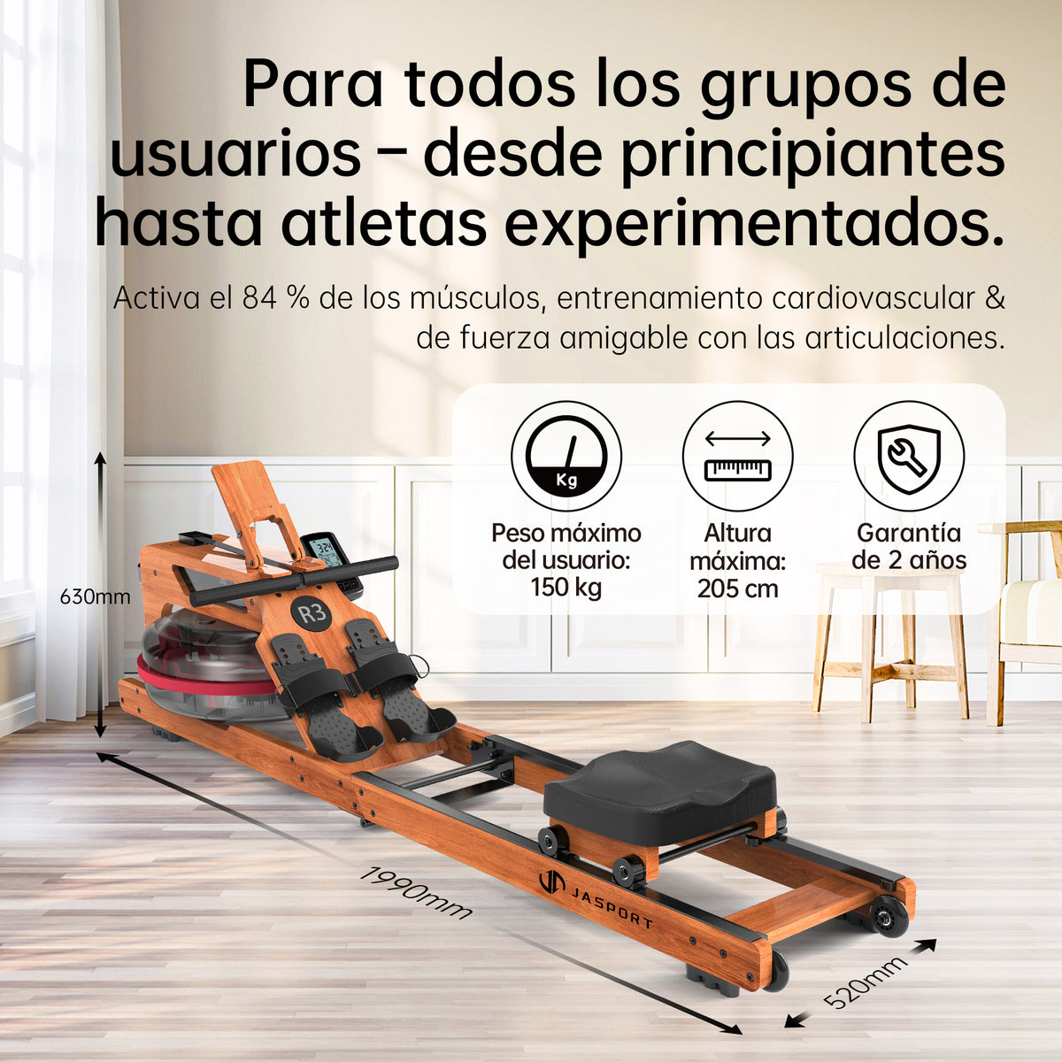 JASPORT R3 Máquina de Remo de Agua Plegable para Casa (Cerezo)